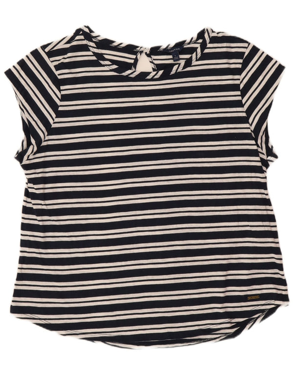 Camiseta feminina Nautica UK 14 grande algodão listrado azul marinho