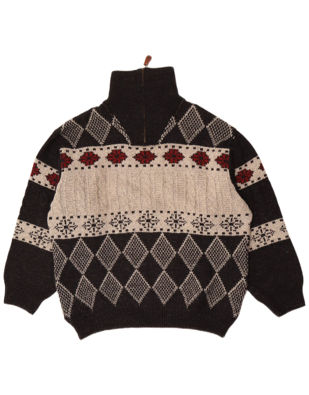 Suéter masculino vintage com zíper e gola IT 48 Médio Preto Argyle/Diamante