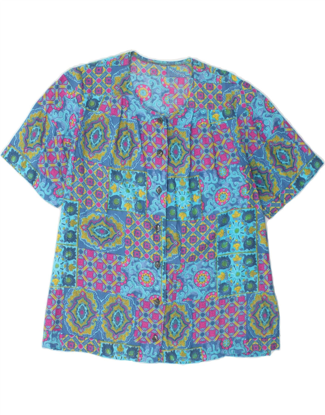 VINTAGE Womens Short Sleeve Shirt Blouse UK 18 XL Blue Patchwork Vintage Vintage and Second-Hand Vintage from Messina Hembry 