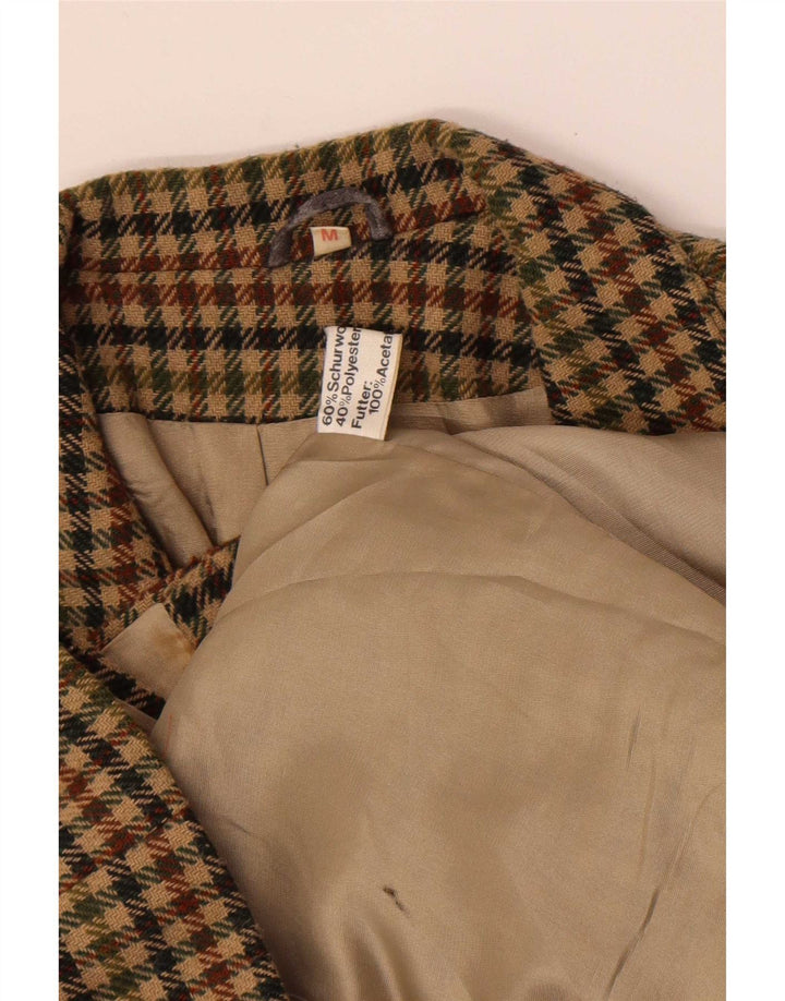 Jaqueta blazer feminina vintage com 3 botões Reino Unido 12 lã houndstooth cáqui médio