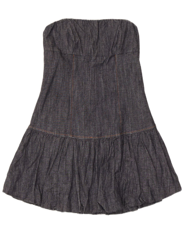 Mini vestido jeans feminino vintage sem alças Reino Unido 14 grande algodão azul marinho