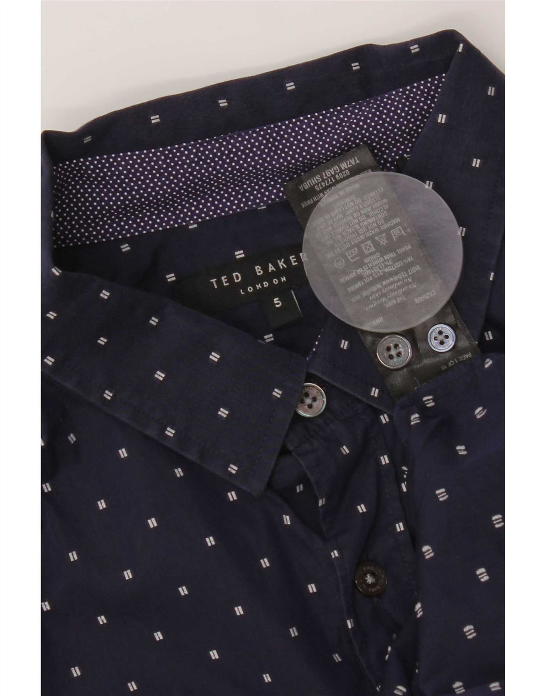 Camisa masculina Ted Baker tamanho 5 XL azul marinho algodão manchado