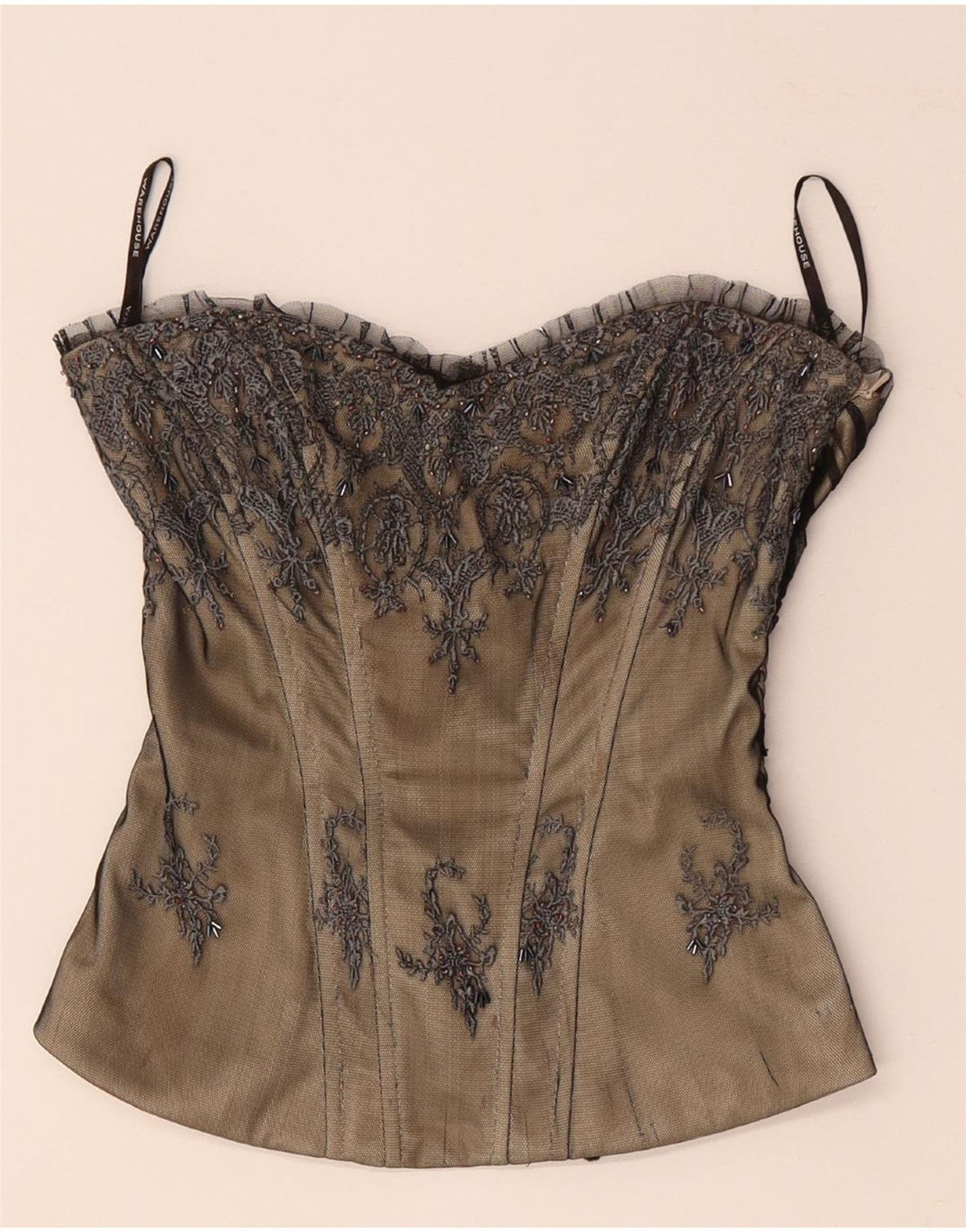 Top espartilho feminino sem ombro WAREHOUSE Reino Unido 8 pequeno poliéster floral bege