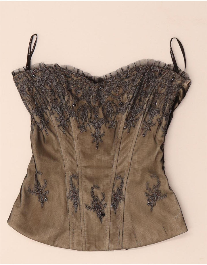 Top espartilho feminino sem ombro WAREHOUSE Reino Unido 8 pequeno poliéster floral bege