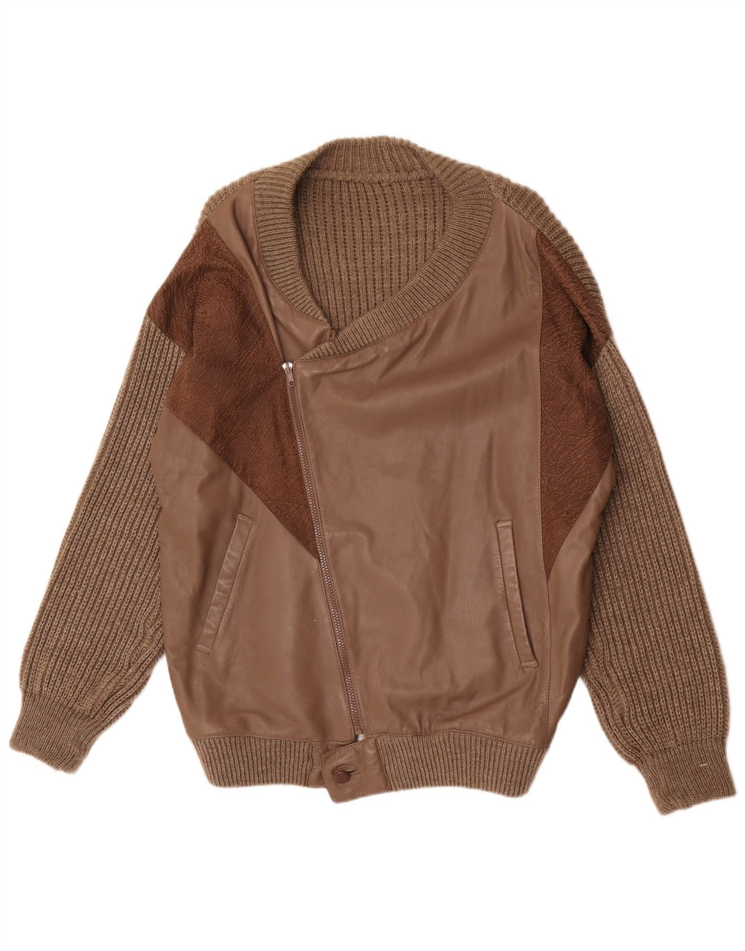 Suéter cardigã de couro masculino vintage grande lã marrom