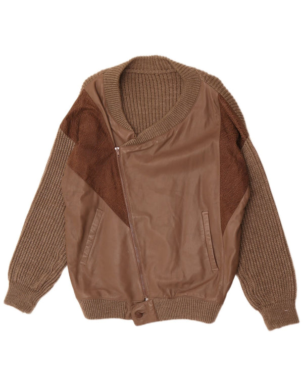 Suéter cardigã de couro masculino vintage grande lã marrom