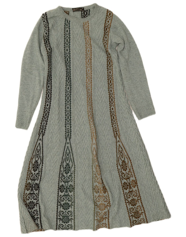 Vestido feminino vintage de manga comprida UK 12 azul médio geométrico