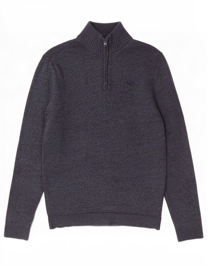 Suéter masculino Hollister com zíper e gola alta de algodão azul marinho médio
