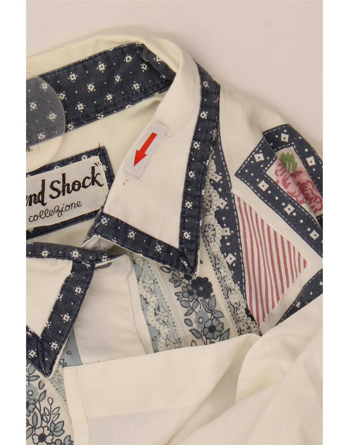Blusa feminina vintage de grandes dimensões Reino Unido 14 algodão geométrico branco médio