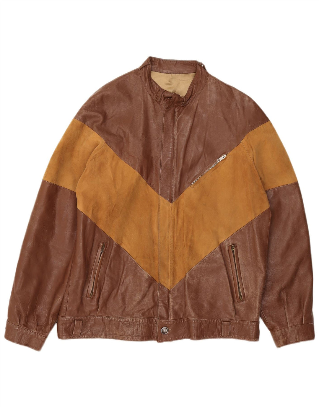 Jaqueta de couro masculina vintage IT 52 XL marrom colorblock