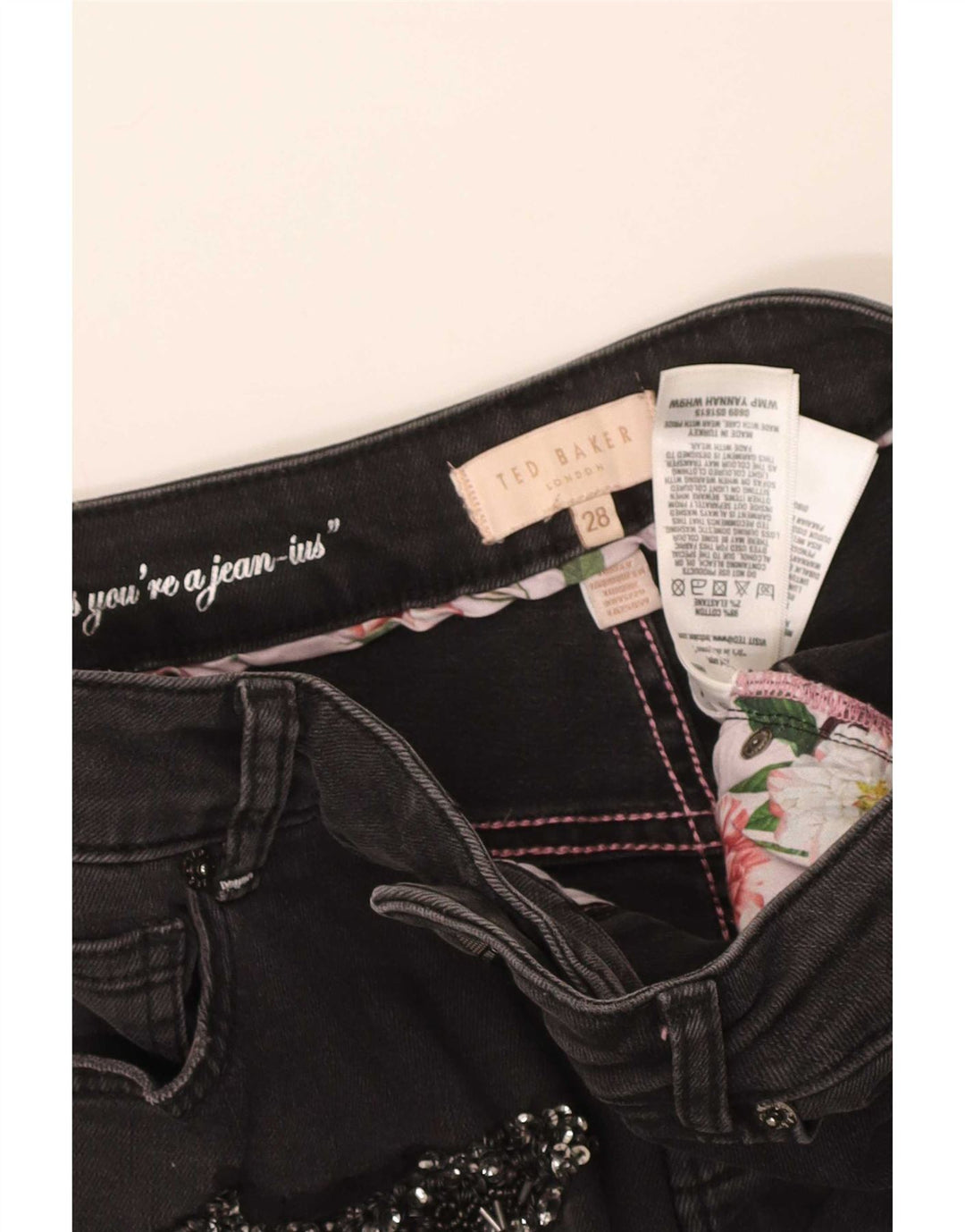 Calça jeans feminina Ted Baker desgastada slim W28 L28 algodão preto
