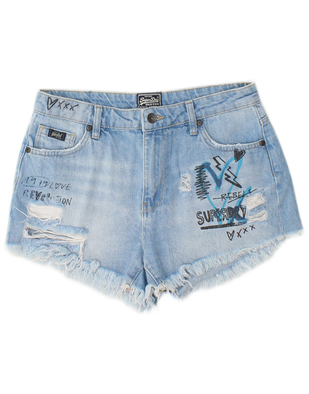 Shorts jeans feminino com estampa envelhecida SUPERDRY W27 pequeno algodão azul