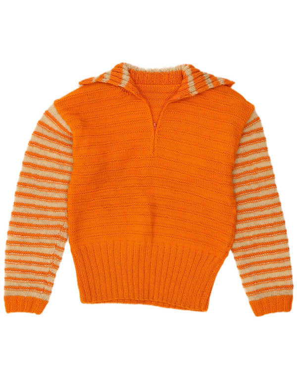 Suéter feminino vintage com gola polo UK 12 listrado laranja médio