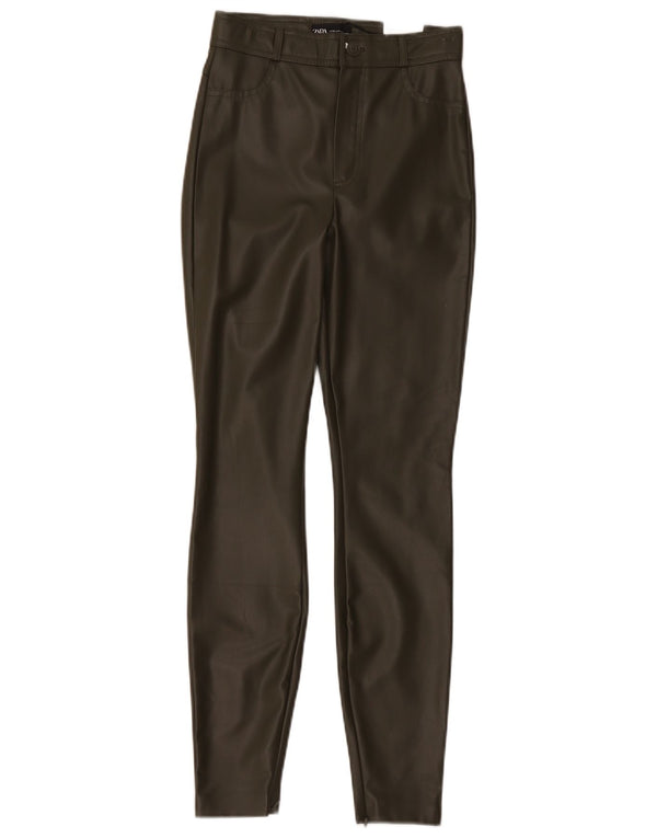 Zara Calça feminina skinny de couro sintético de cintura alta XS W24 L28 cáqui