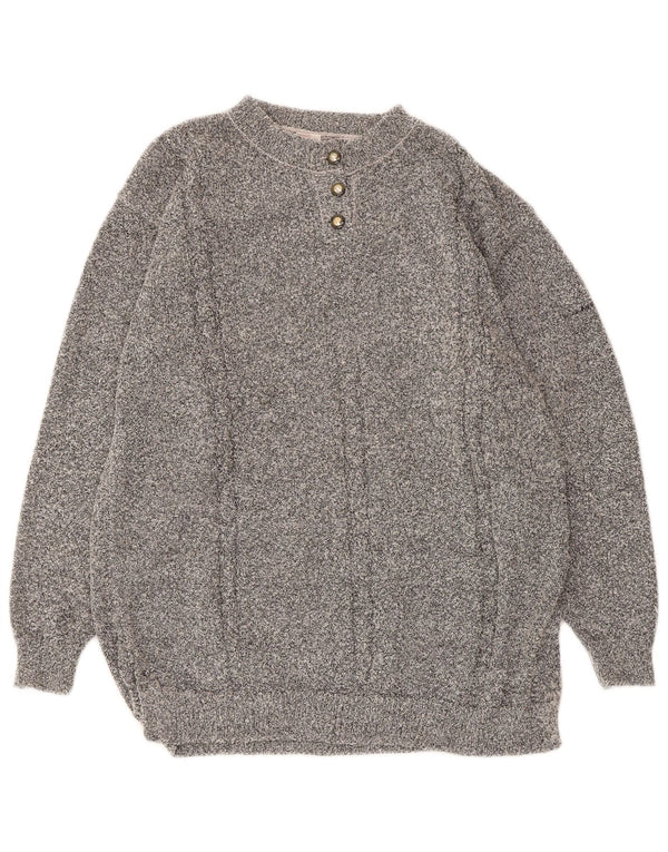 Suéter feminino vintage com gola redonda e botão UK 16 grande acrílico cinza