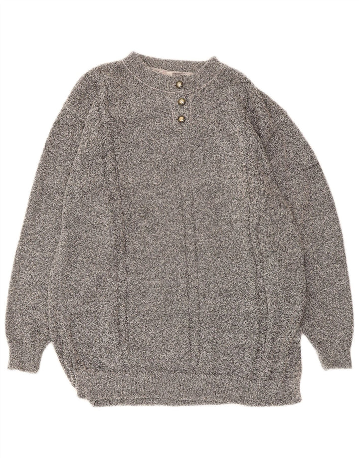 Suéter feminino vintage com gola redonda e botão UK 16 grande acrílico cinza
