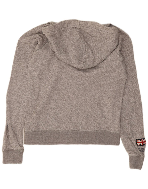 Suéter feminino com capuz e zíper gráfico Jack Wills Reino Unido 8 algodão manchado cinza pequeno