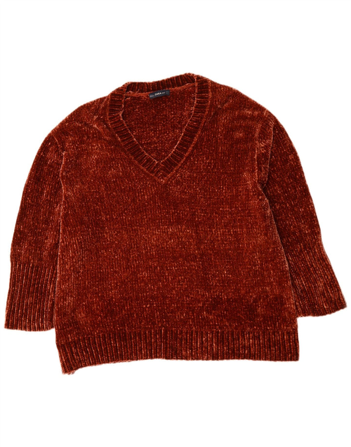 Suéter feminino Zara com decote em V grande, Reino Unido 10, pequeno, marrom, poliéster