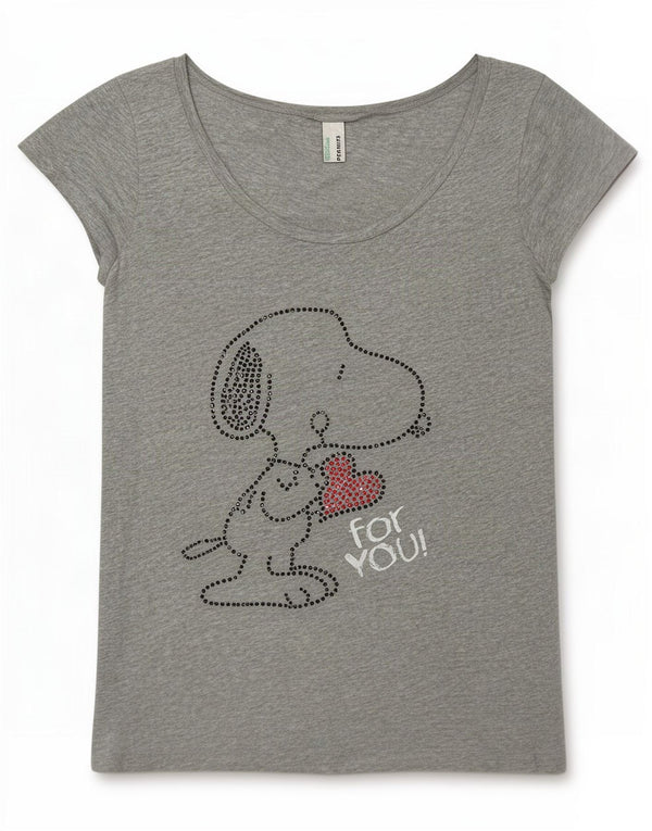 Camiseta feminina Benetton Peanuts Graphic UK 14 cinza médio manchado