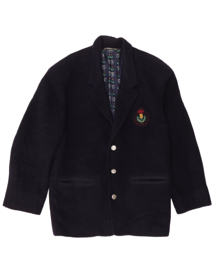 Sobretudo masculino vintage Reino Unido 36 lã virgem azul marinho pequeno