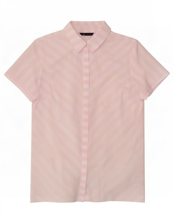 Camisa feminina de manga curta Marks & Spencer UK 12 listrada branca média