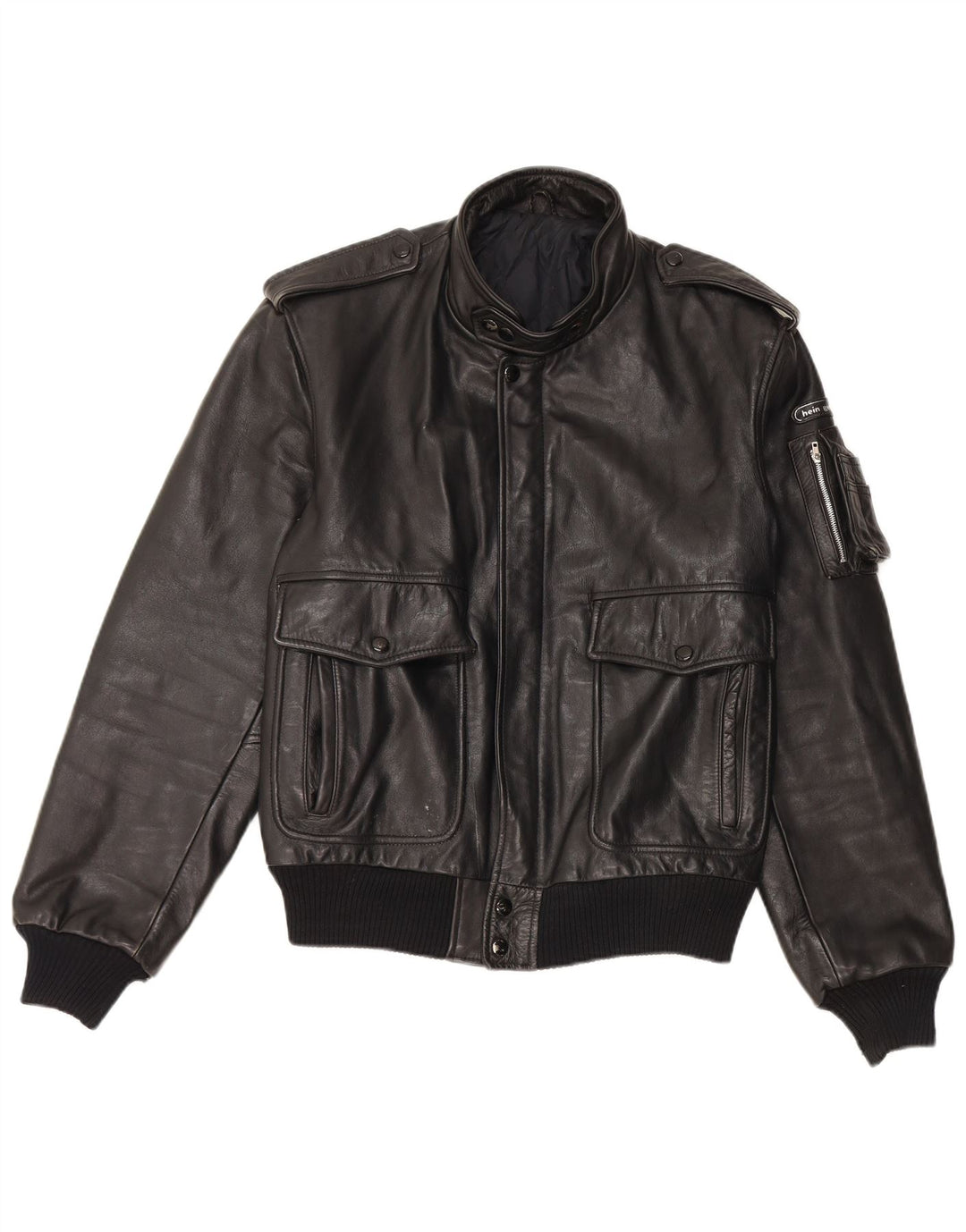 Jaqueta militar de couro masculina vintage Reino Unido 38 couro preto médio