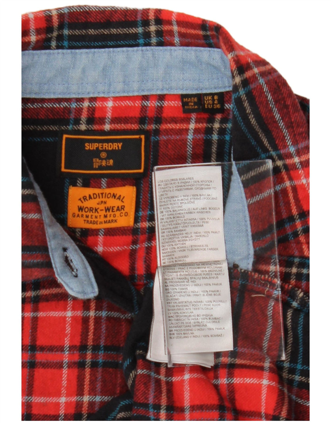 Camisa feminina de flanela SUPERDRY Reino Unido 8 pequeno algodão xadrez vermelho