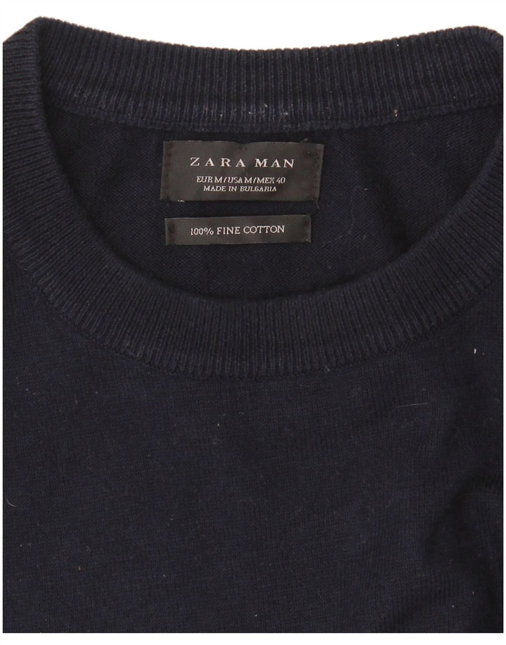 Zara Suéter masculino com gola redonda e algodão listrado azul marinho médio