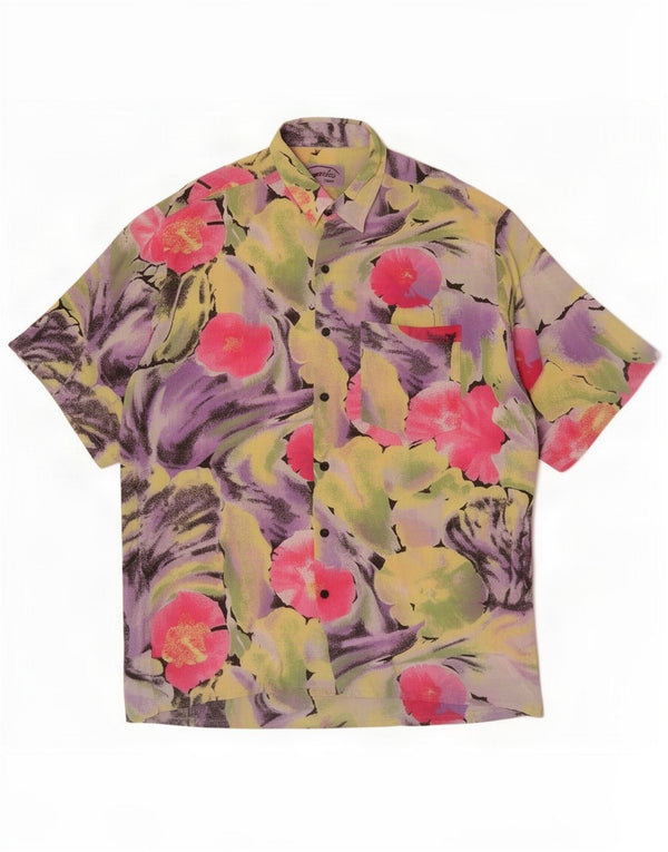Camisa masculina vintage de manga curta média viscose floral multicolorida