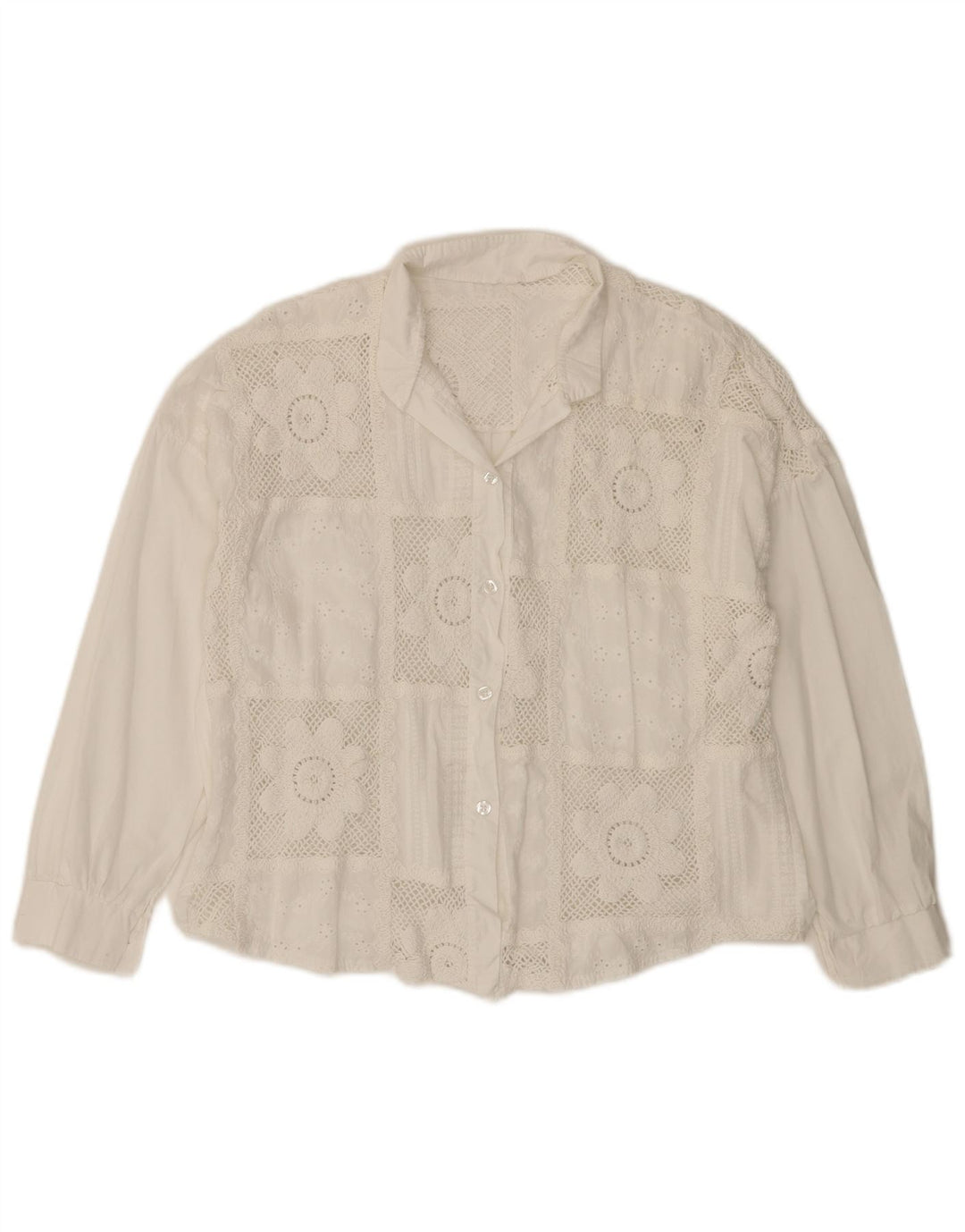 Blusa feminina VINTAGE manga 3/4 Reino Unido 14 algodão floral branco médio