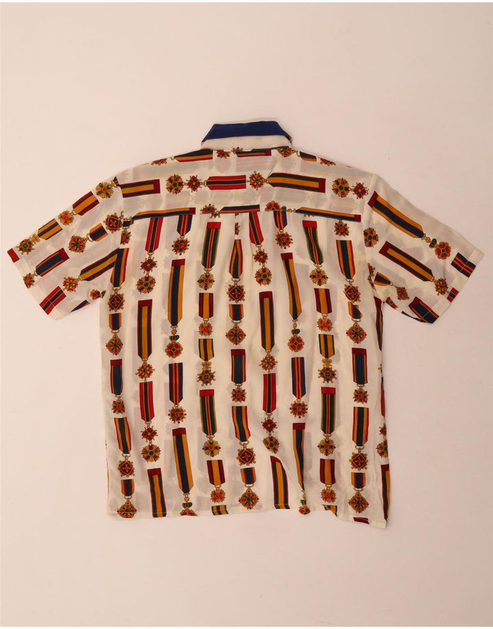 Blusa feminina vintage com estampa abstrata UK 14 bloco colorido branco médio