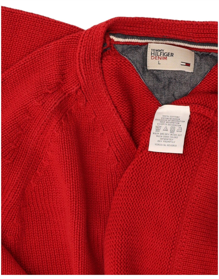 TOMMY HILFIGER Mens V-Neck Jumper Sweater Large Red Cotton