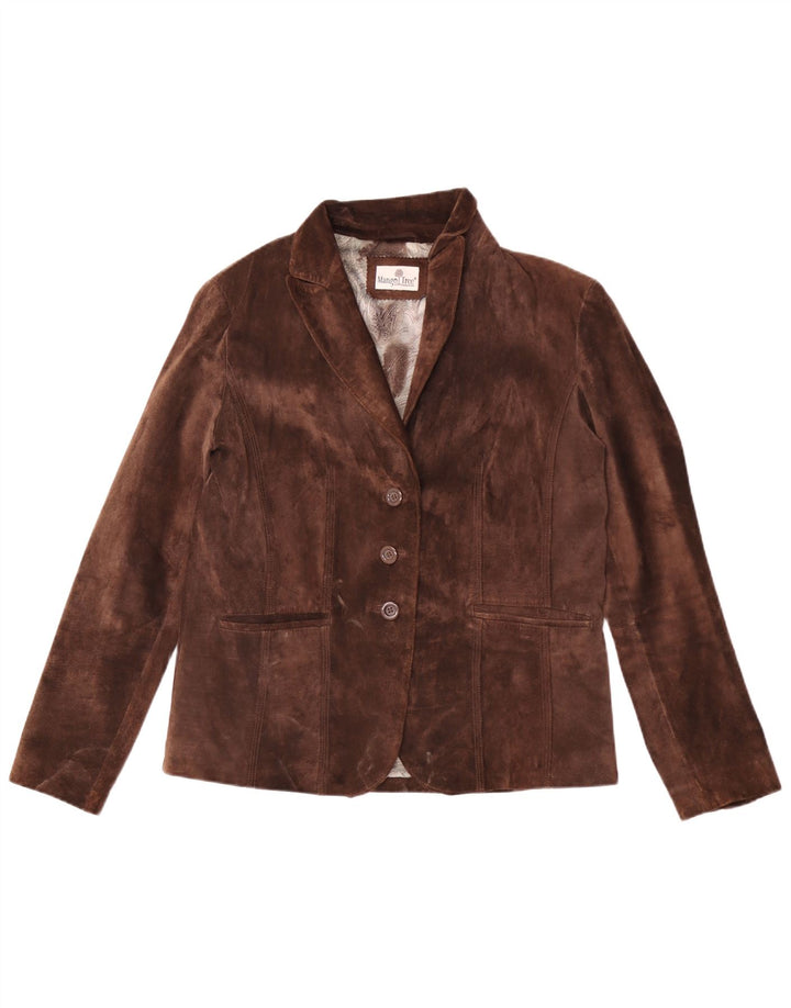 Jaqueta blazer feminina vintage de camurça com 3 botões Reino Unido 40 couro marrom grande