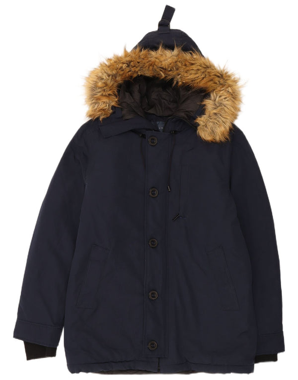 Jaqueta Parka masculina com capuz ZARA Reino Unido 40 grande poliéster azul marinho