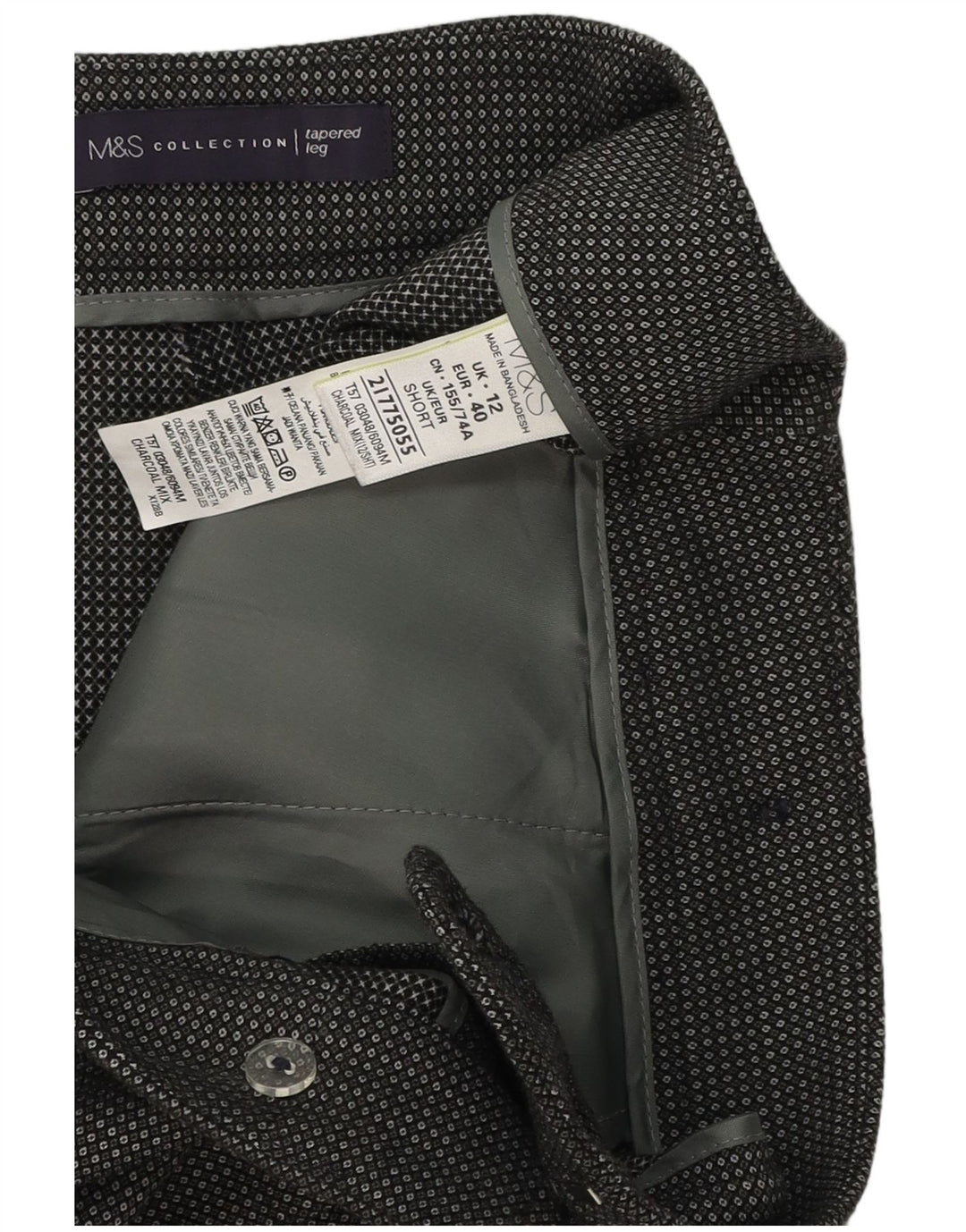 Calça feminina Marks & Spencer de terno curto Reino Unido 12 médio W34 L26 xadrez cinza