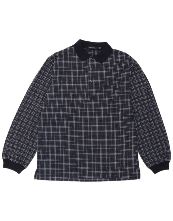 Camisa polo masculina Nautica de manga comprida, algodão xadrez médio azul marinho
