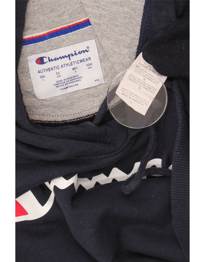 CHAMPION Mens Graphic Hoodie Jumper Large Navy Blue Cotton Vintage Champion and Second-Hand Champion from Messina Hembry 