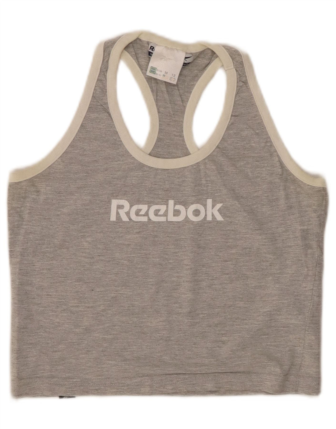 REEBOK feminino cropped colete top UK 12 algodão manchado cinza médio