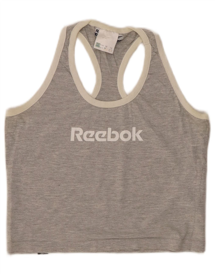 REEBOK feminino cropped colete top UK 12 algodão manchado cinza médio