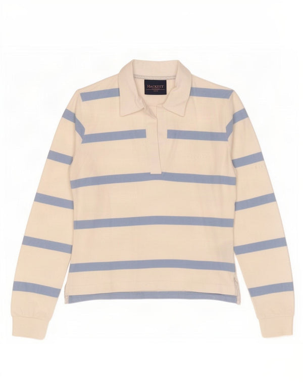 Camisa polo feminina de manga comprida Hackett Reino Unido 12 algodão listrado branco médio