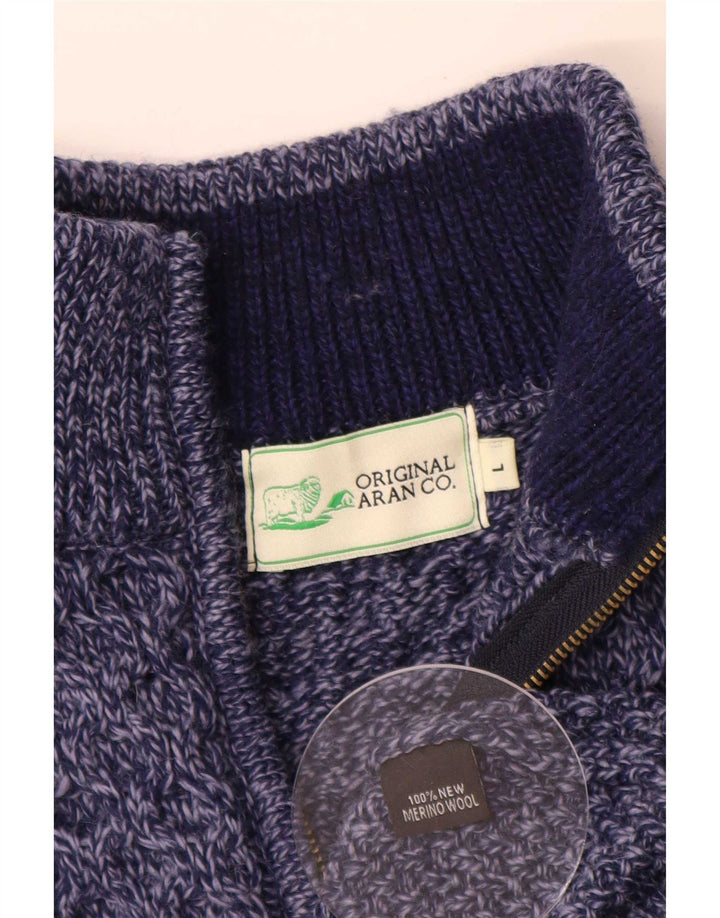 Suéter masculino original Aran CO. com zíper e gola grande azul marinho salpicado