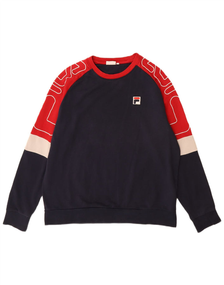 FILA Mens Graphic Sweatshirt Jumper Medium Navy Blue Colourblock Cotton