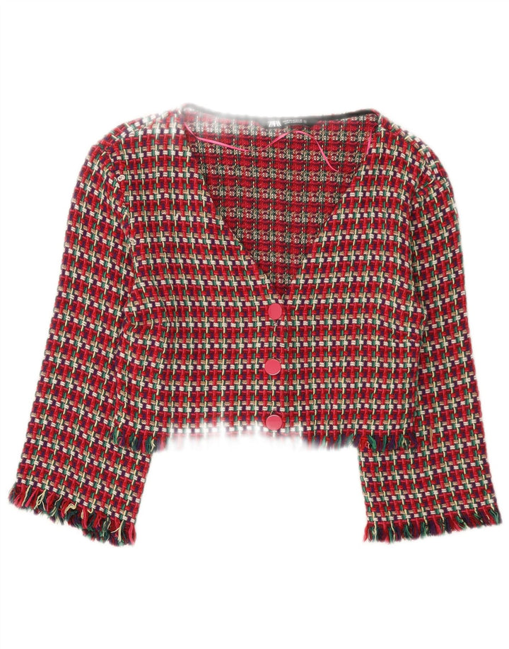 Jaqueta Bolero feminina Zara UK 12 algodão xadrez vermelho médio