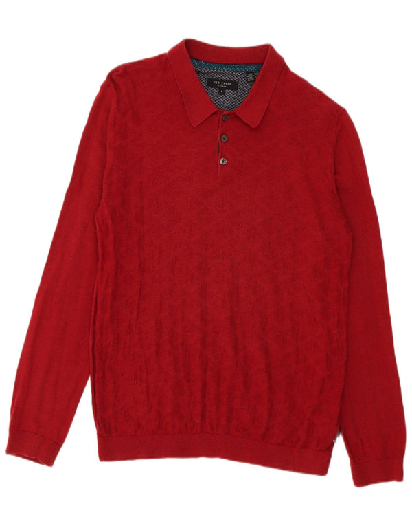 Suéter masculino Ted Baker com gola polo tamanho 4 grande algodão geométrico vermelho