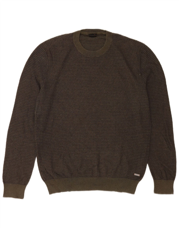 Suéter masculino Hugo Boss com gola redonda e algodão xadrez médio cáqui