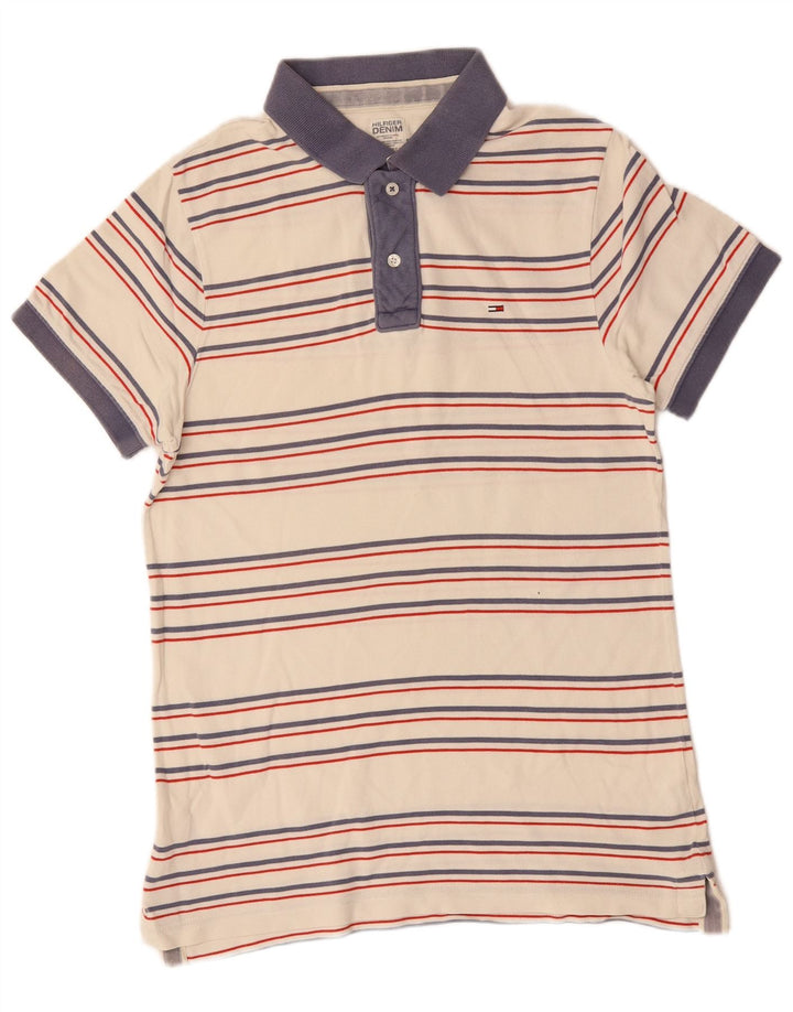 Camisa polo masculina Tommy Hilfiger pequena listrada branca de algodão