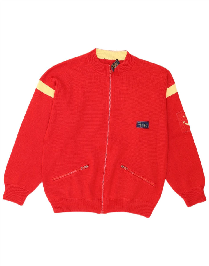 Suéter vintage masculino com zíper completo, cardigã vermelho médio em bloco colorido acrílico