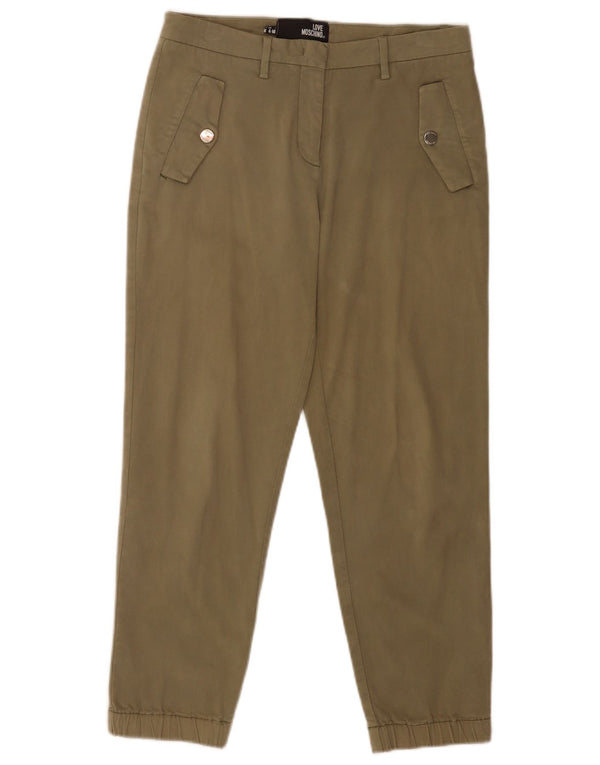 Calça feminina Moschino cortada reta UK 8 pequena W28 L25 algodão cáqui