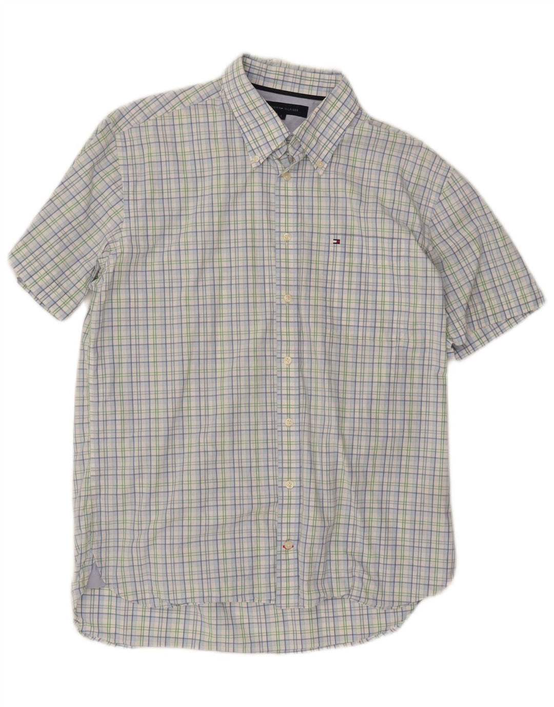TOMMY HILFIGER Camisa masculina de manga curta grande algodão xadrez azul