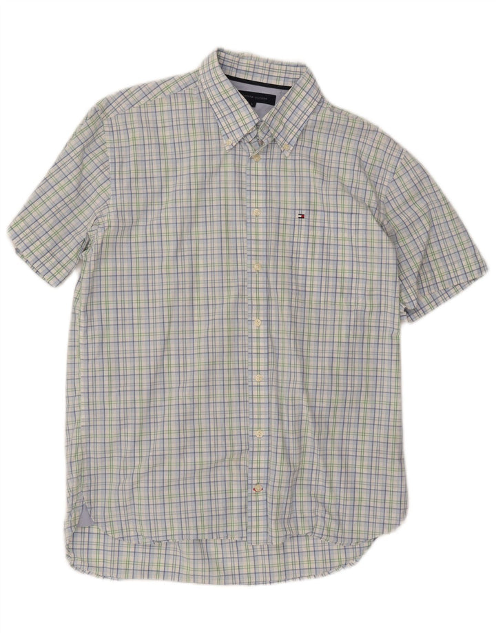 TOMMY HILFIGER Camisa masculina de manga curta grande algodão xadrez azul